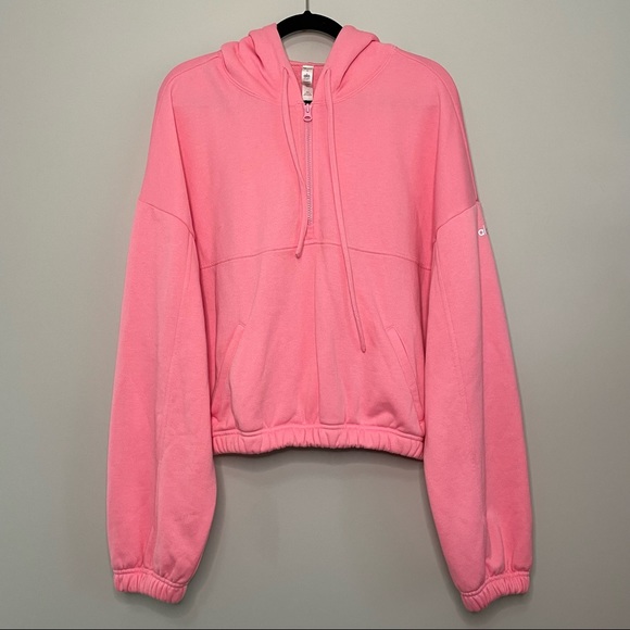 ALO Yoga Stadium Half Zip Hoodie Sweatshirt In Macaron Bright Pink Size L - Picture 3 of 7